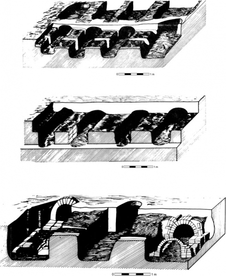 A Tiszalök–Kövestelken feltárt kemencék axonometrikus rajzai (Lőrinczy 1984. 161. 6–7., 162. 8. ábrája alapján)