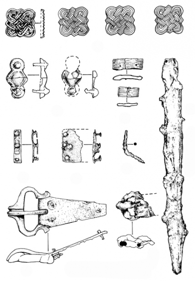 A 270. sír mellékletei: fonatos veret; ezüstveret; vastőr; vascsat; bronzlemez; arany szíjszorító; bronzcsat